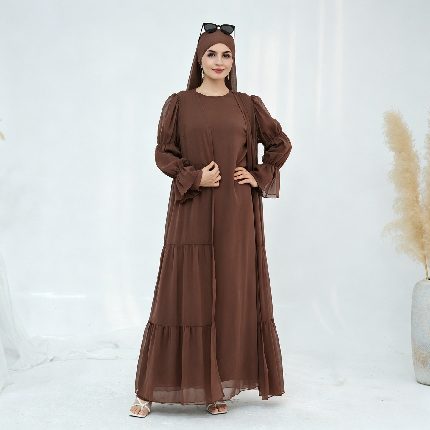 Crinkle Chiffon 3-Piece Abaya Set with Hijab & Belt