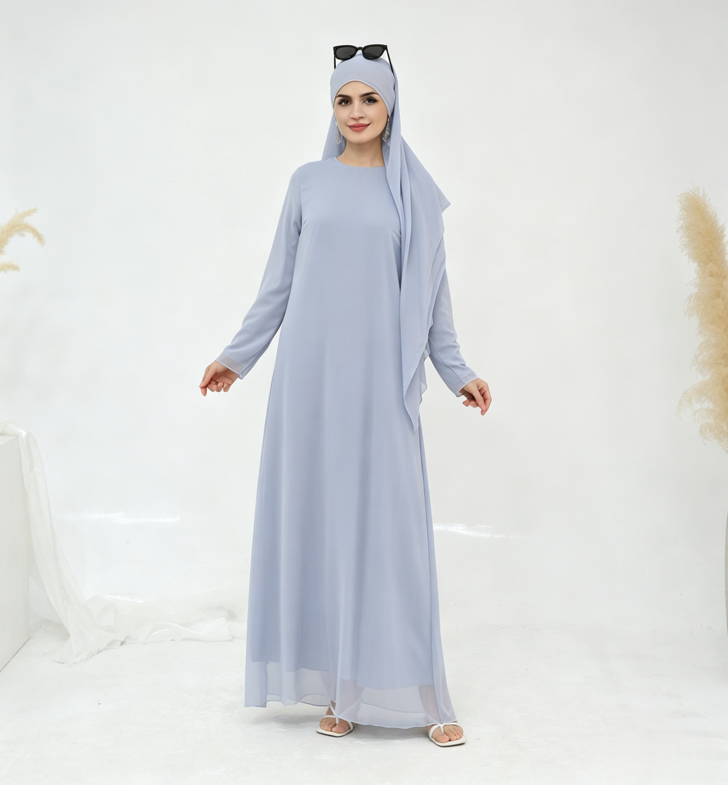 Crinkle Chiffon 3-Piece Abaya Set with Hijab & Belt