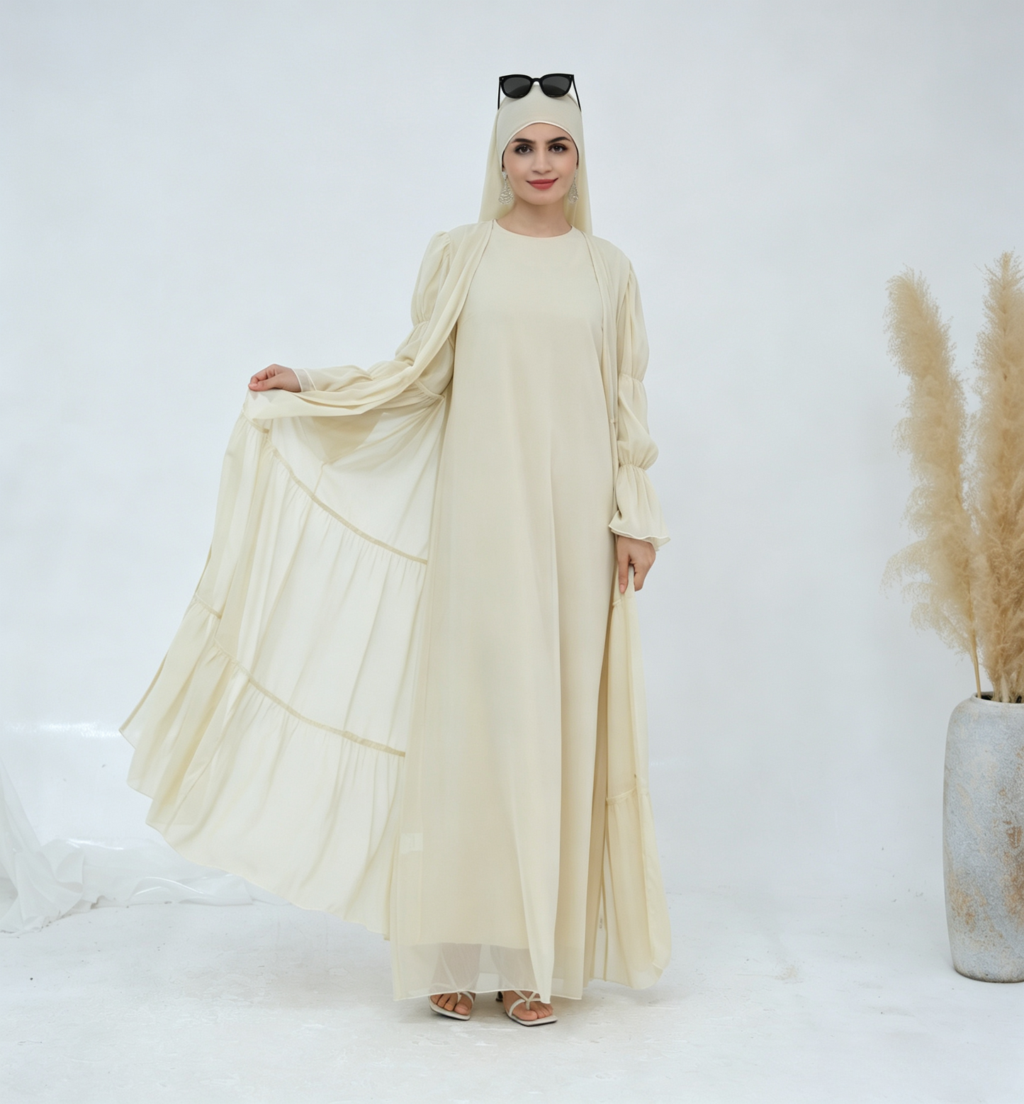Crinkle Chiffon 3-Piece Abaya Set with Hijab & Belt
