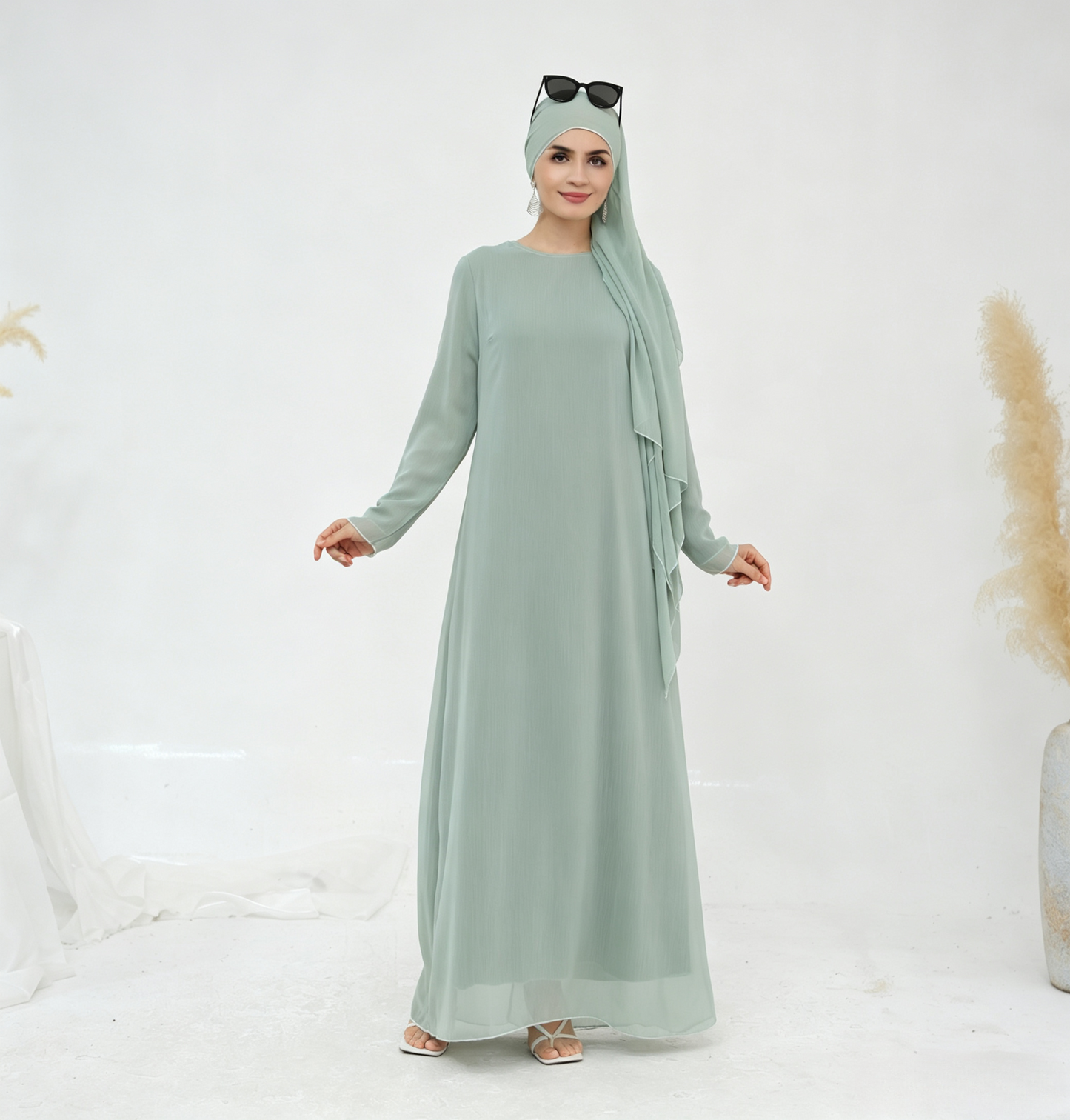 Crinkle Chiffon 3-Piece Abaya Set with Hijab & Belt