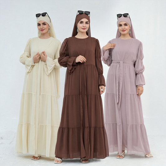 Crinkle chiffon 3-piece abaya set with hijab and belt in black - modest Islamic outfit for women