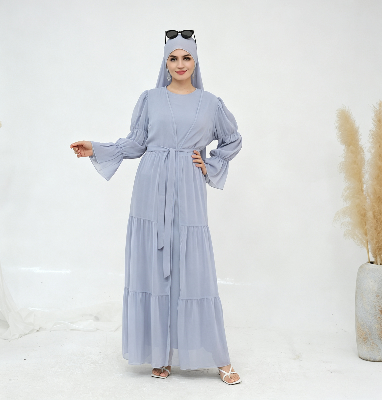 Crinkle Chiffon 3-Piece Abaya Set with Hijab & Belt