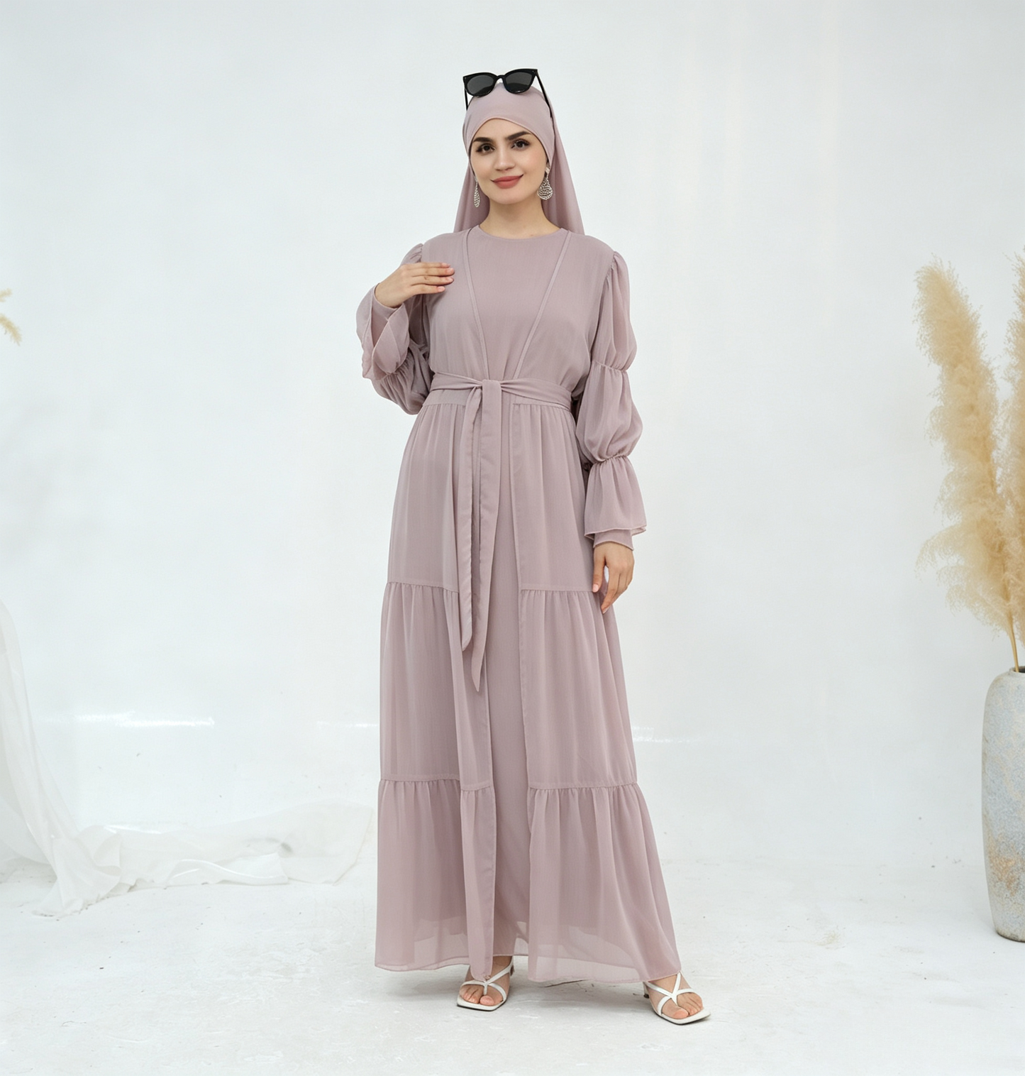 Crinkle Chiffon 3-Piece Abaya Set with Hijab & Belt