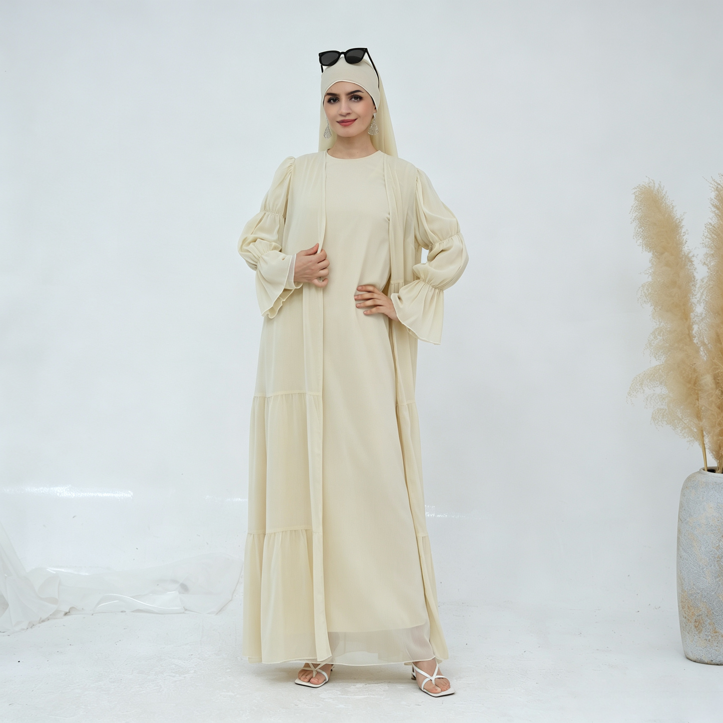 Crinkle Chiffon 3-Piece Abaya Set with Hijab & Belt