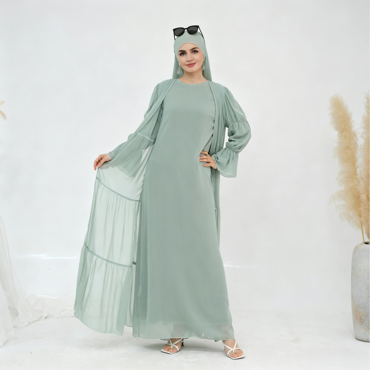 Crinkle Chiffon 3-Piece Abaya Set with Hijab & Belt