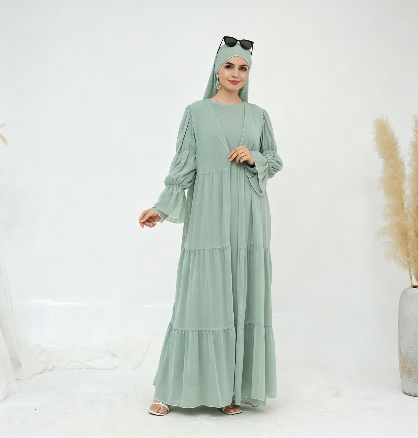 Crinkle Chiffon 3-Piece Abaya Set with Hijab & Belt