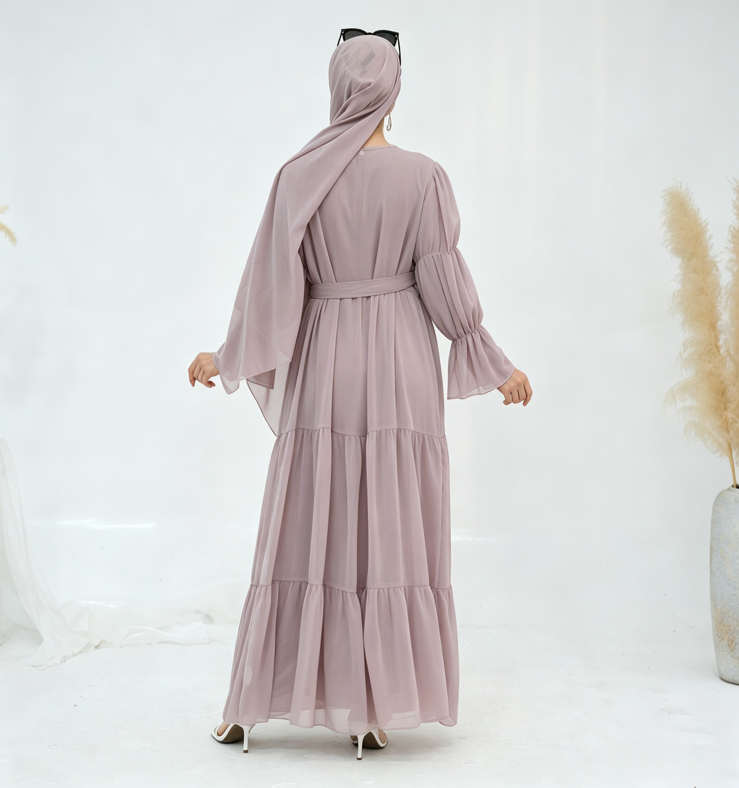 Crinkle Chiffon 3-Piece Abaya Set with Hijab & Belt