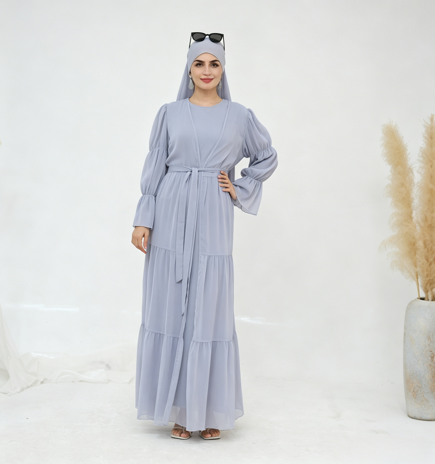 Crinkle Chiffon 3-Piece Abaya Set with Hijab & Belt