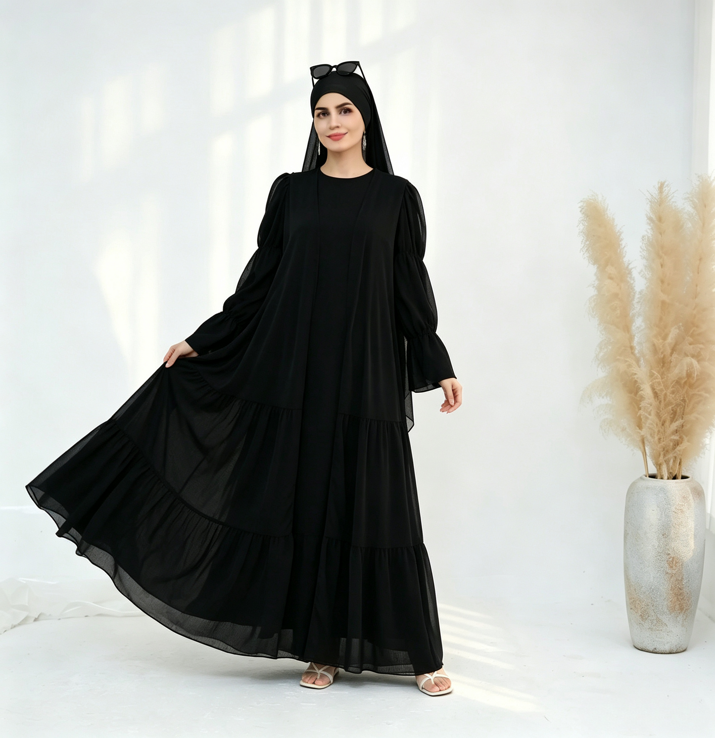 Crinkle Chiffon 3-Piece Abaya Set with Hijab & Belt