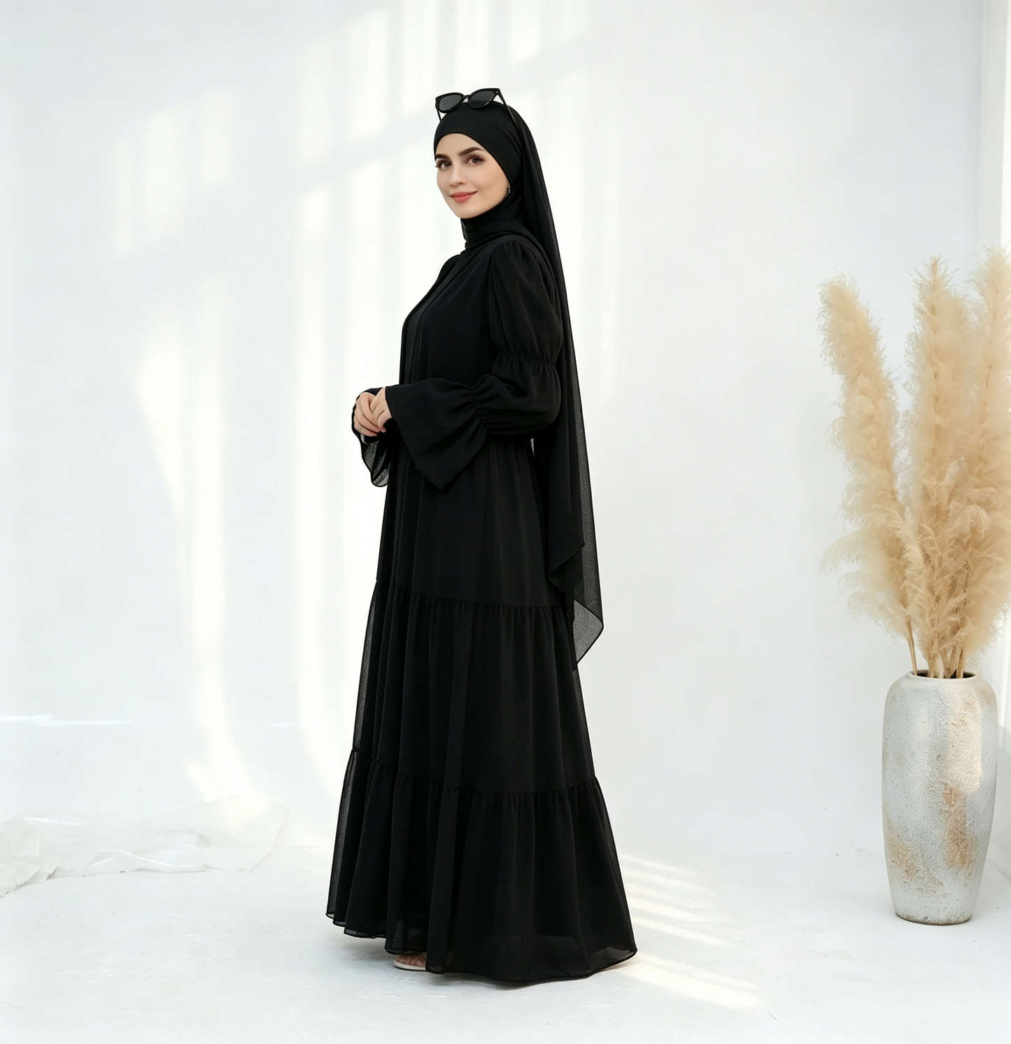 Crinkle Chiffon 3-Piece Abaya Set with Hijab & Belt