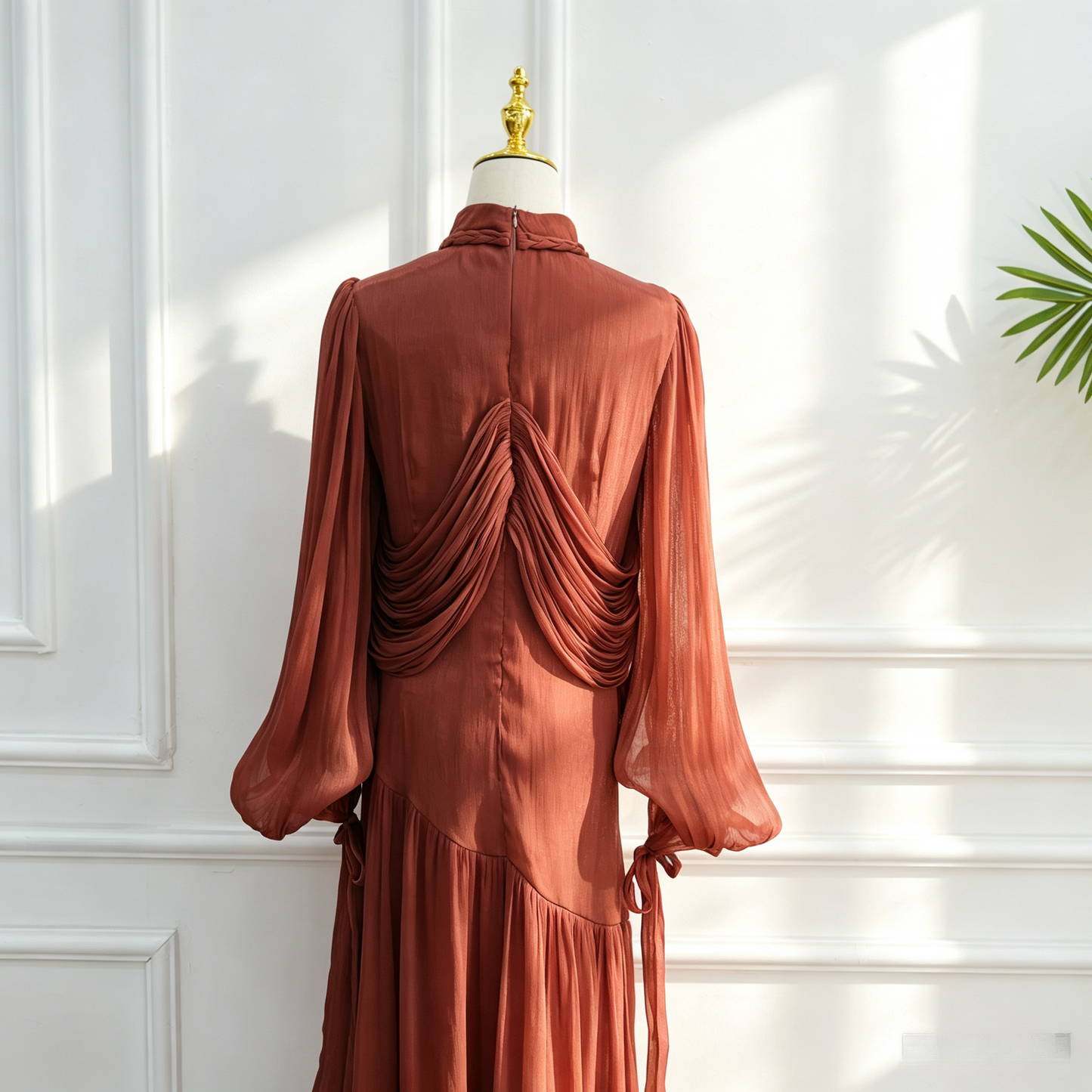 Elegant Mock Neck Pleated Maxi Dress - Modest Long Sleeve Abaya Dress
