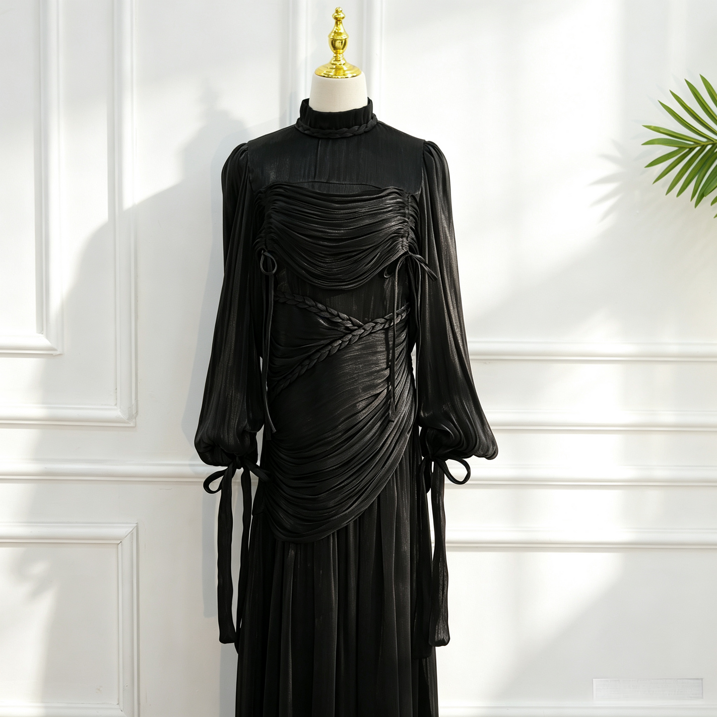 Elegant Mock Neck Pleated Maxi Dress - Modest Long Sleeve Abaya Dress