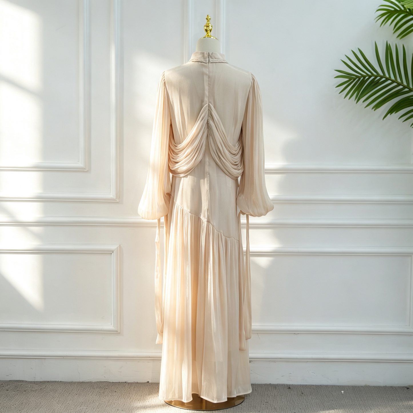 Elegant Mock Neck Pleated Maxi Dress - Modest Long Sleeve Abaya Dress