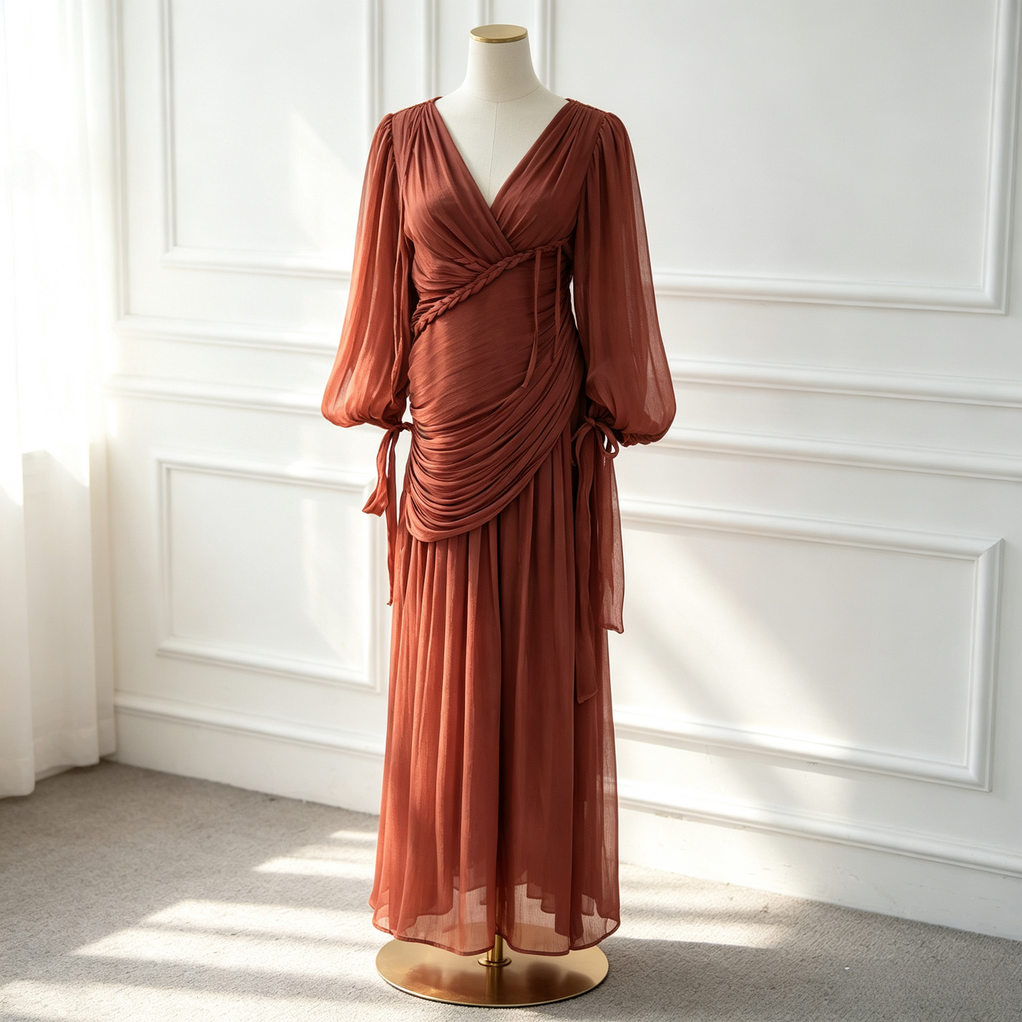 Elegant Mock Neck Pleated Maxi Dress - Modest Long Sleeve Abaya Dress