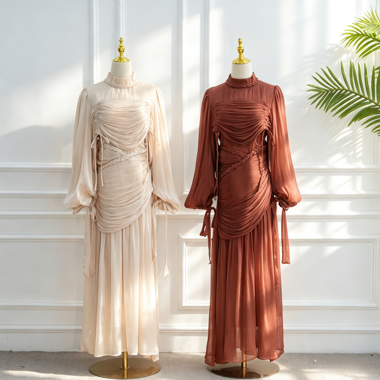 Elegant Mock Neck Pleated Maxi Dress - Modest Long Sleeve Abaya Dress