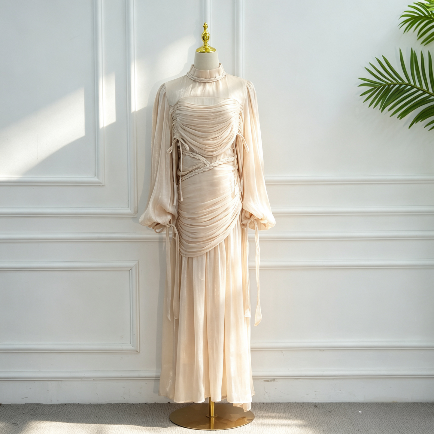 Elegant Mock Neck Pleated Maxi Dress - Modest Long Sleeve Abaya Dress