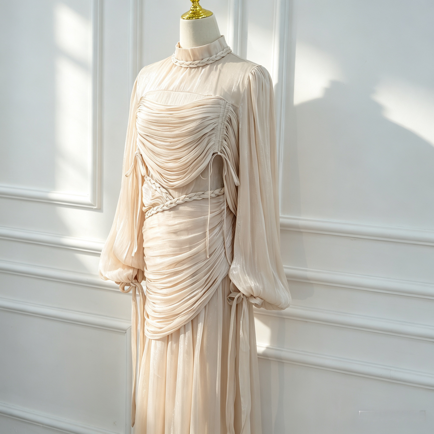 Elegant Mock Neck Pleated Maxi Dress - Modest Long Sleeve Abaya Dress