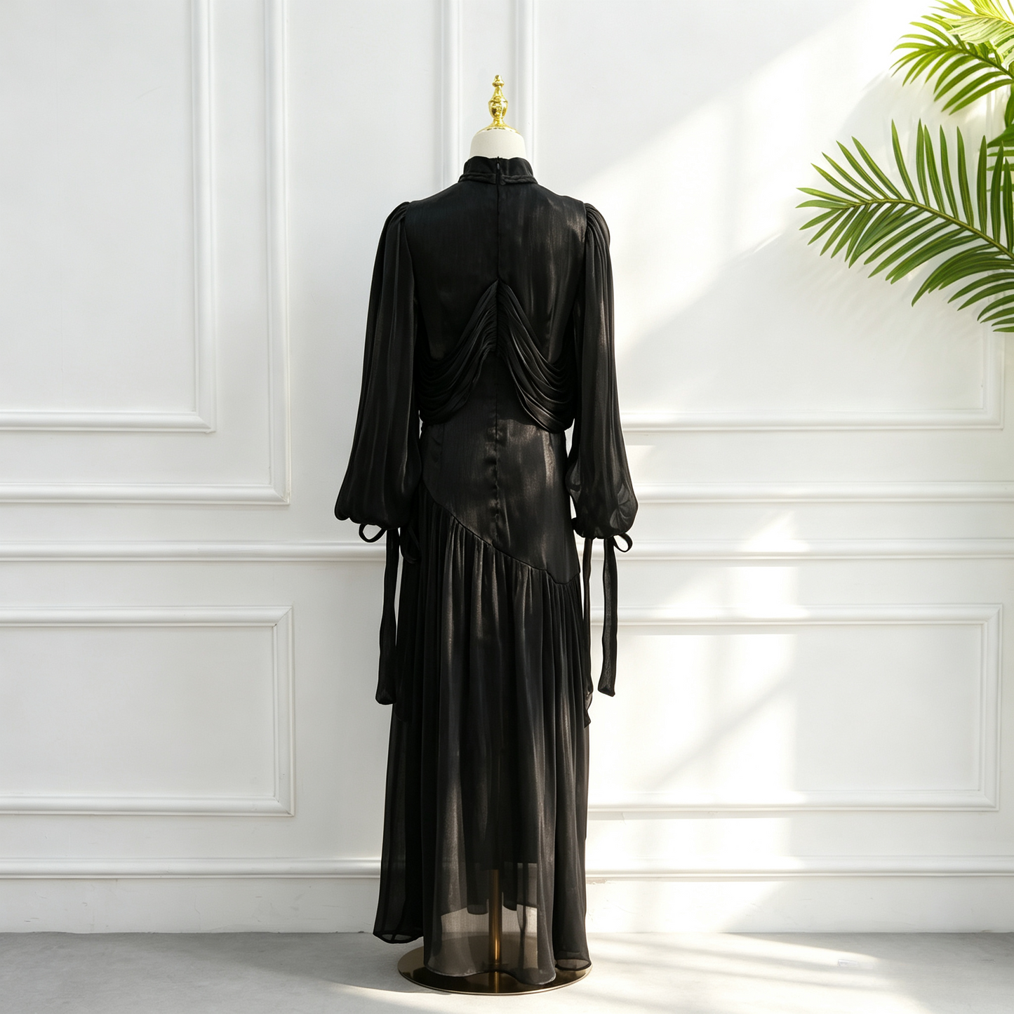 Elegant Mock Neck Pleated Maxi Dress - Modest Long Sleeve Abaya Dress