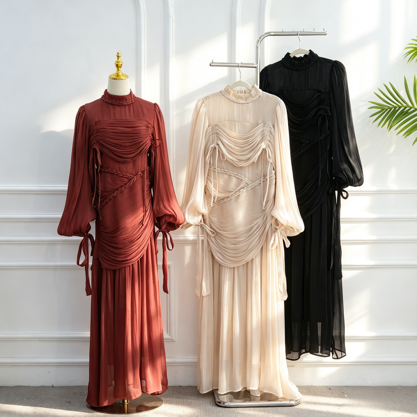 Elegant Mock Neck Pleated Maxi Dress - Modest Long Sleeve Abaya Dress