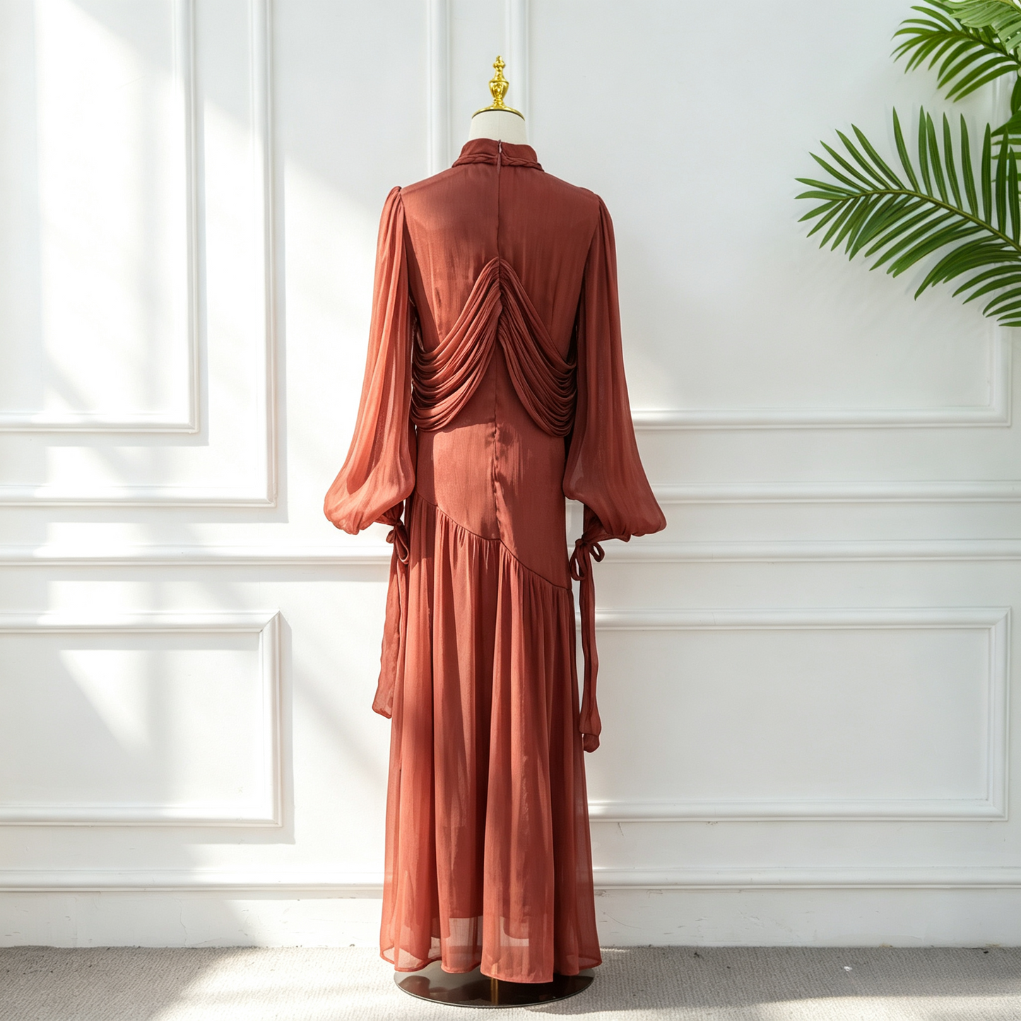Elegant Mock Neck Pleated Maxi Dress - Modest Long Sleeve Abaya Dress