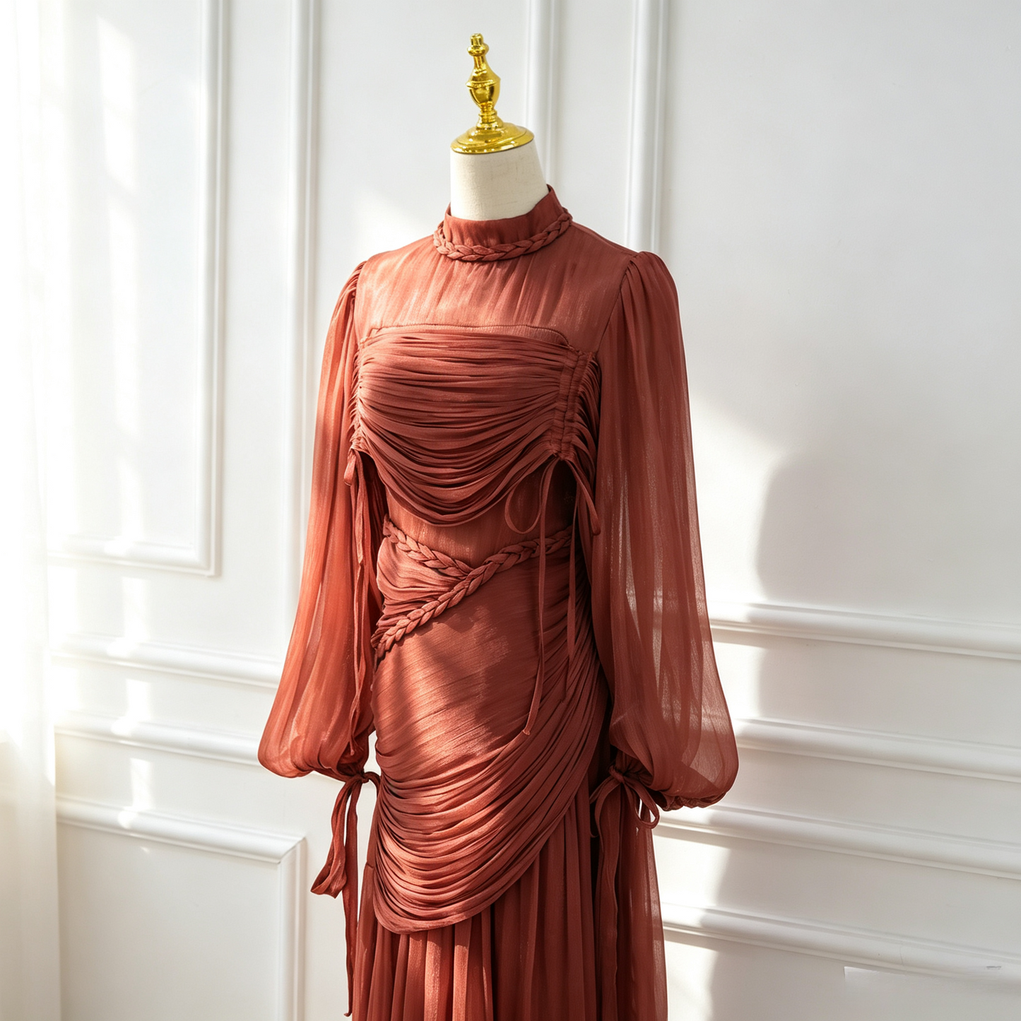 Elegant Mock Neck Pleated Maxi Dress - Modest Long Sleeve Abaya Dress