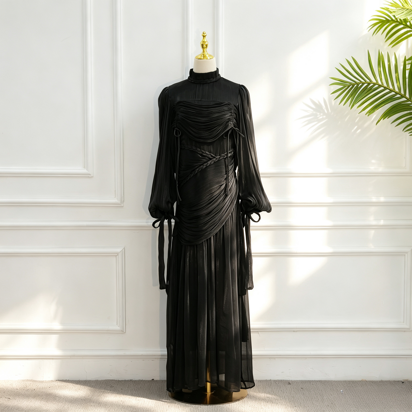 Elegant Mock Neck Pleated Maxi Dress - Modest Long Sleeve Abaya Dress