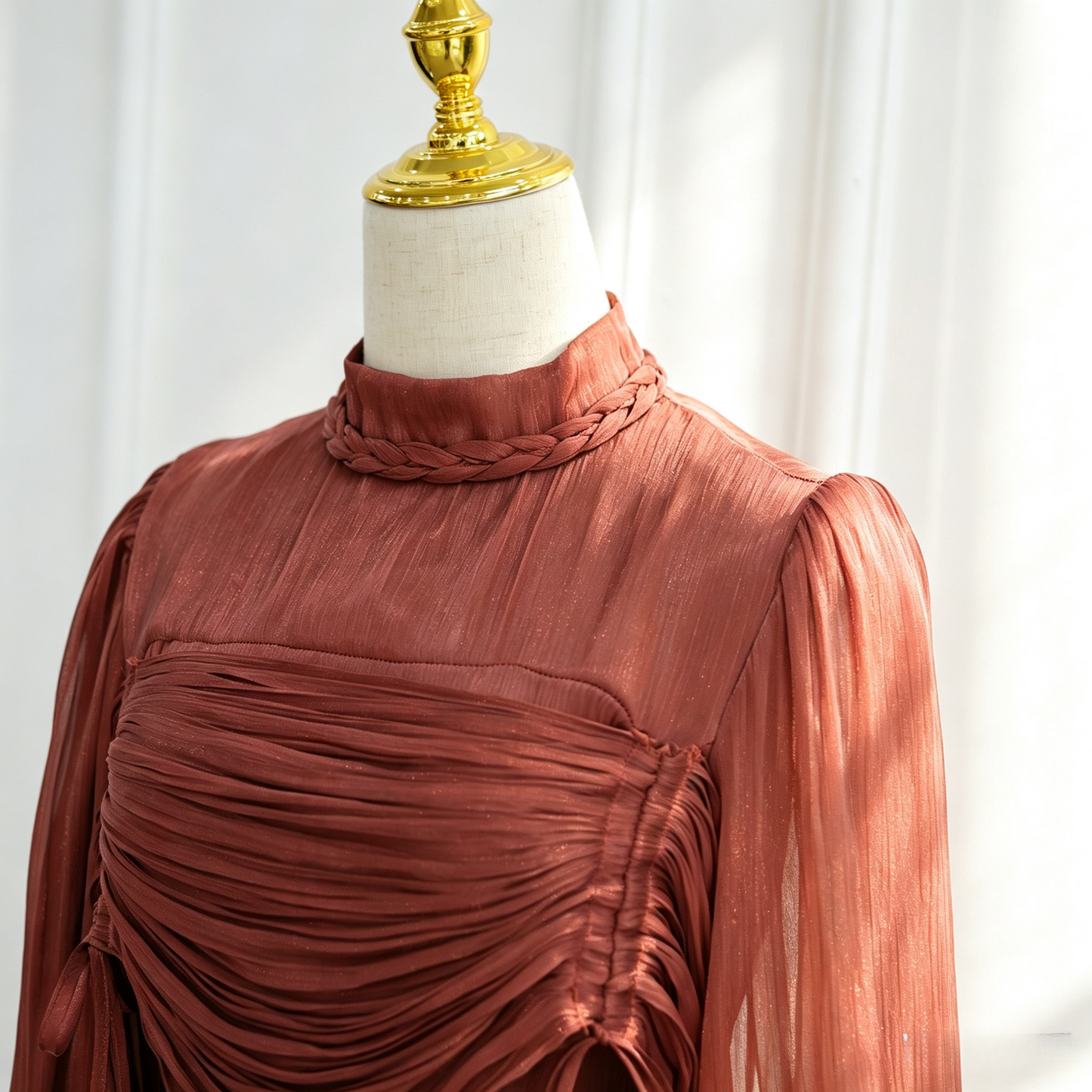 Elegant Mock Neck Pleated Maxi Dress - Modest Long Sleeve Abaya Dress