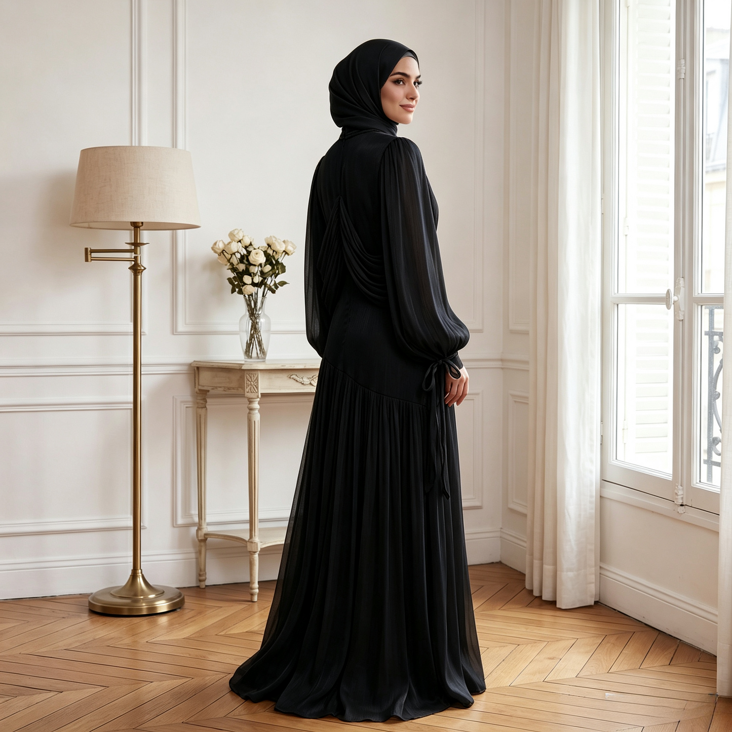 Elegant Mock Neck Pleated Maxi Dress - Modest Long Sleeve Abaya Dress