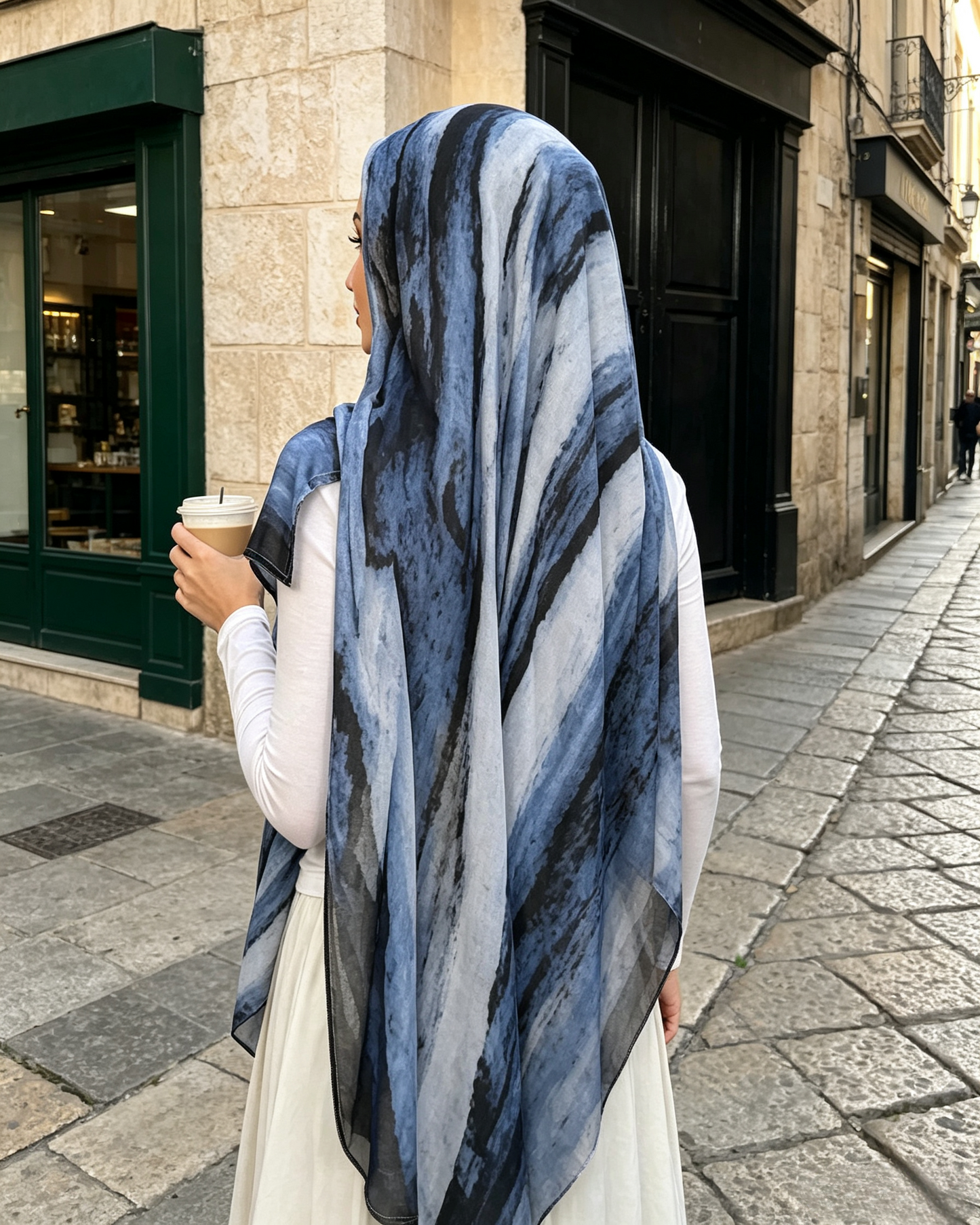 Denim Blue White Marble Watercolor Hijab Shawl 80x180cm - Lunar Elegance