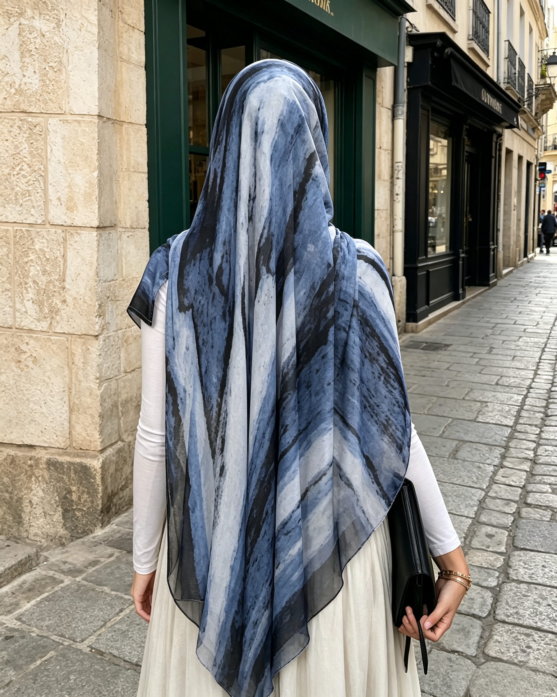 Denim Blue White Marble Watercolor Hijab Shawl 80x180cm - Lunar Elegance