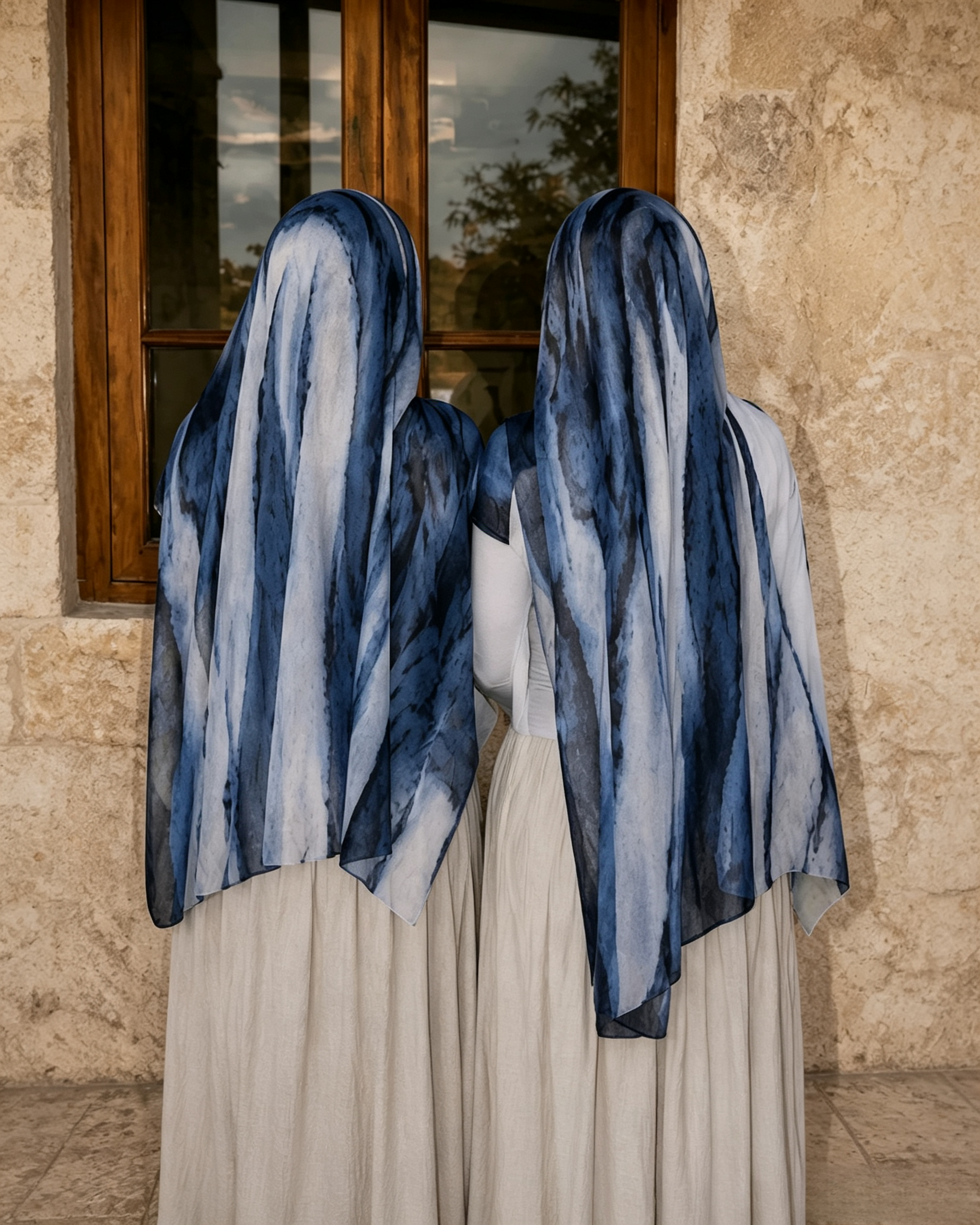 Denim Blue White Marble Watercolor Hijab Shawl 80x180cm - Lunar Elegance