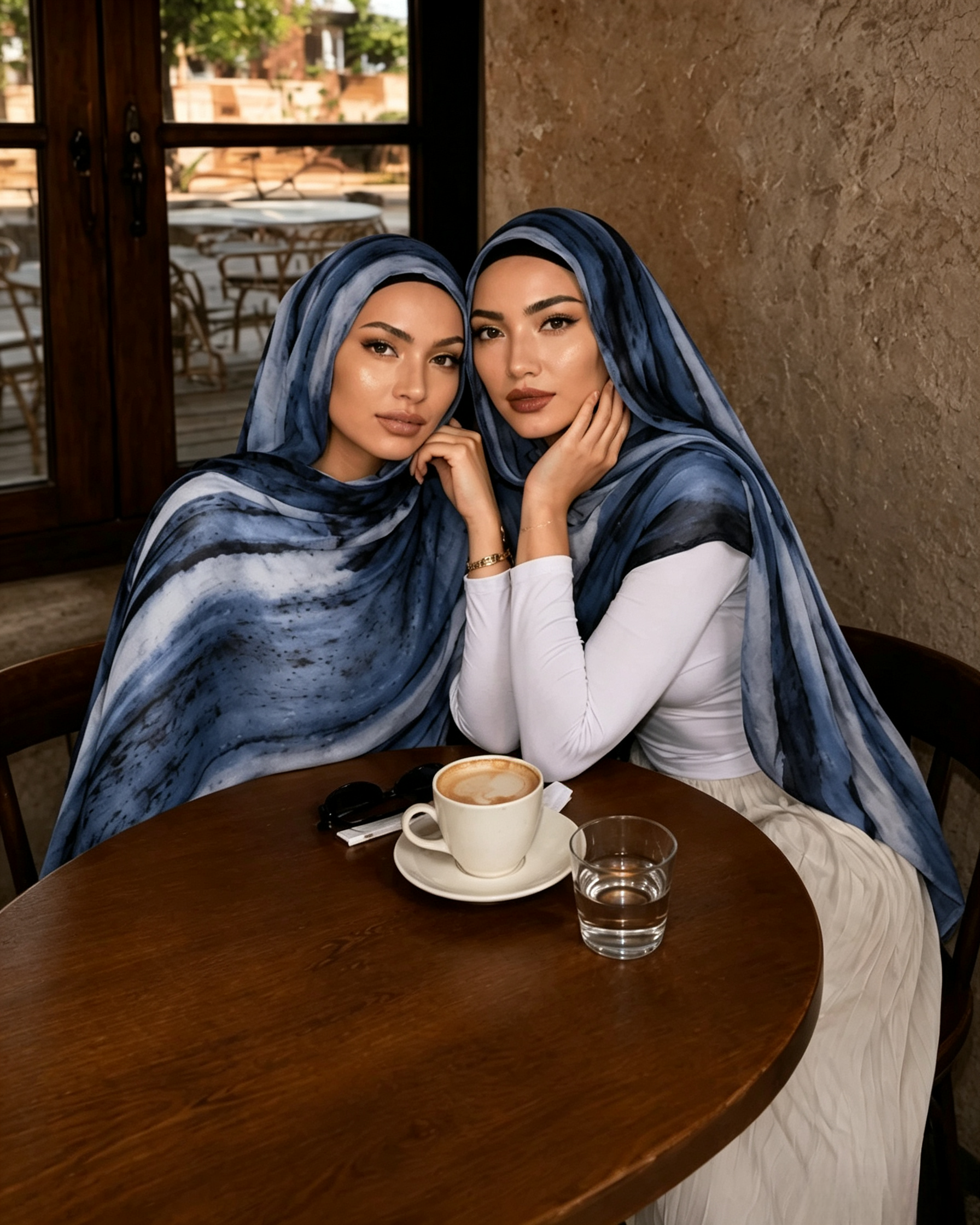Denim Blue White Marble Watercolor Hijab Shawl 80x180cm - Lunar Elegance