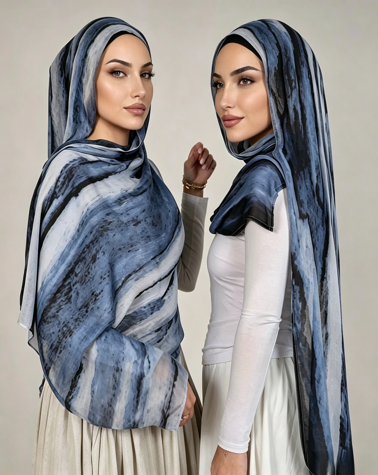 Denim Blue White Marble Watercolor Hijab Shawl 80x180cm - Lunar Elegance