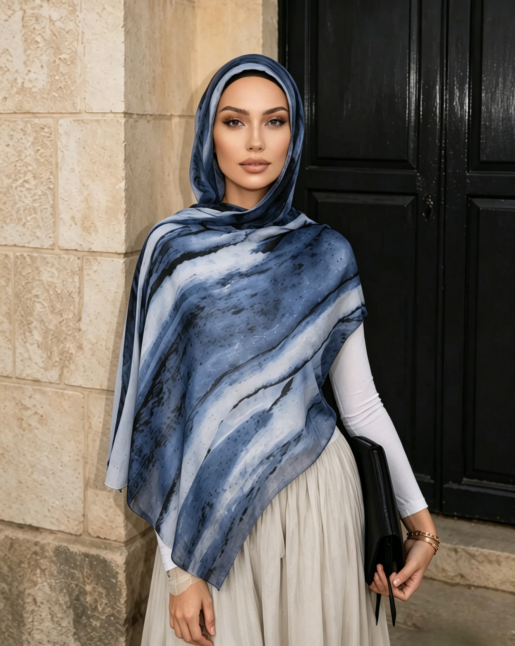 Denim Blue White Marble Watercolor Hijab Shawl 80x180cm - Lunar Elegance
