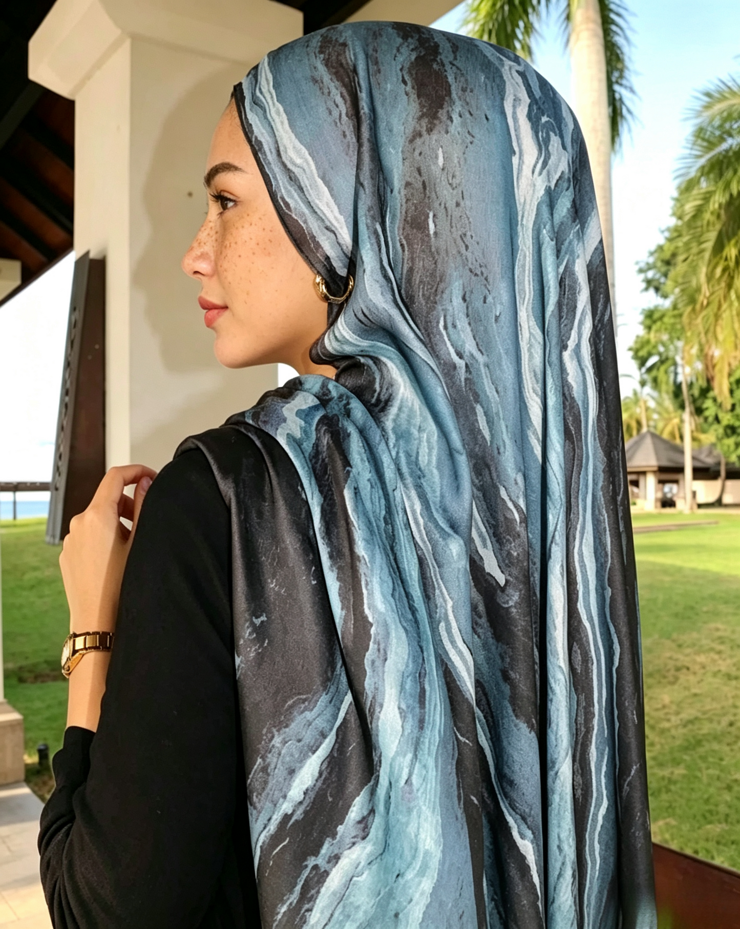 Stormy Blue Grey Marble Watercolor Hijab Shawl 80x180cm - Lunar Elegance