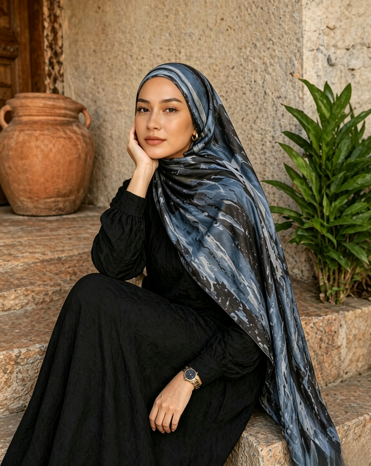 Stormy Blue Grey Marble Watercolor Hijab Shawl 80x180cm - Lunar Elegance