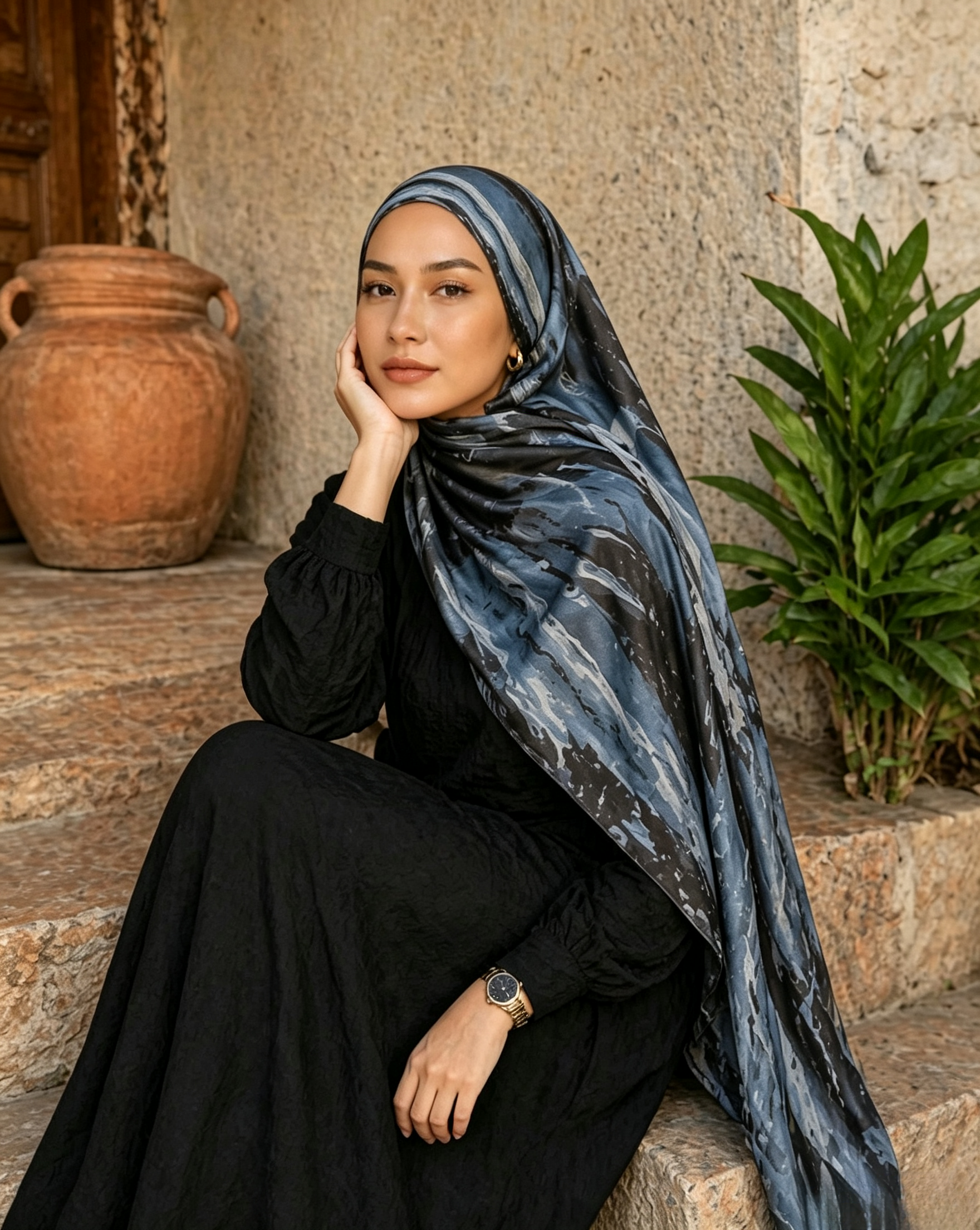 Stormy Blue Grey Marble Watercolor Hijab Shawl 80x180cm - Lunar Elegance