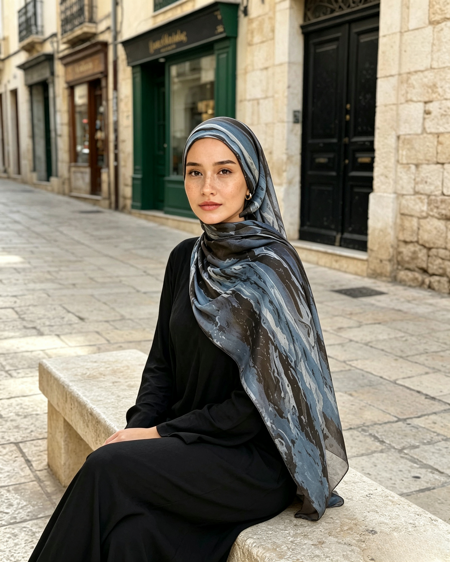 Stormy Blue Grey Marble Watercolor Hijab Shawl 80x180cm - Lunar Elegance