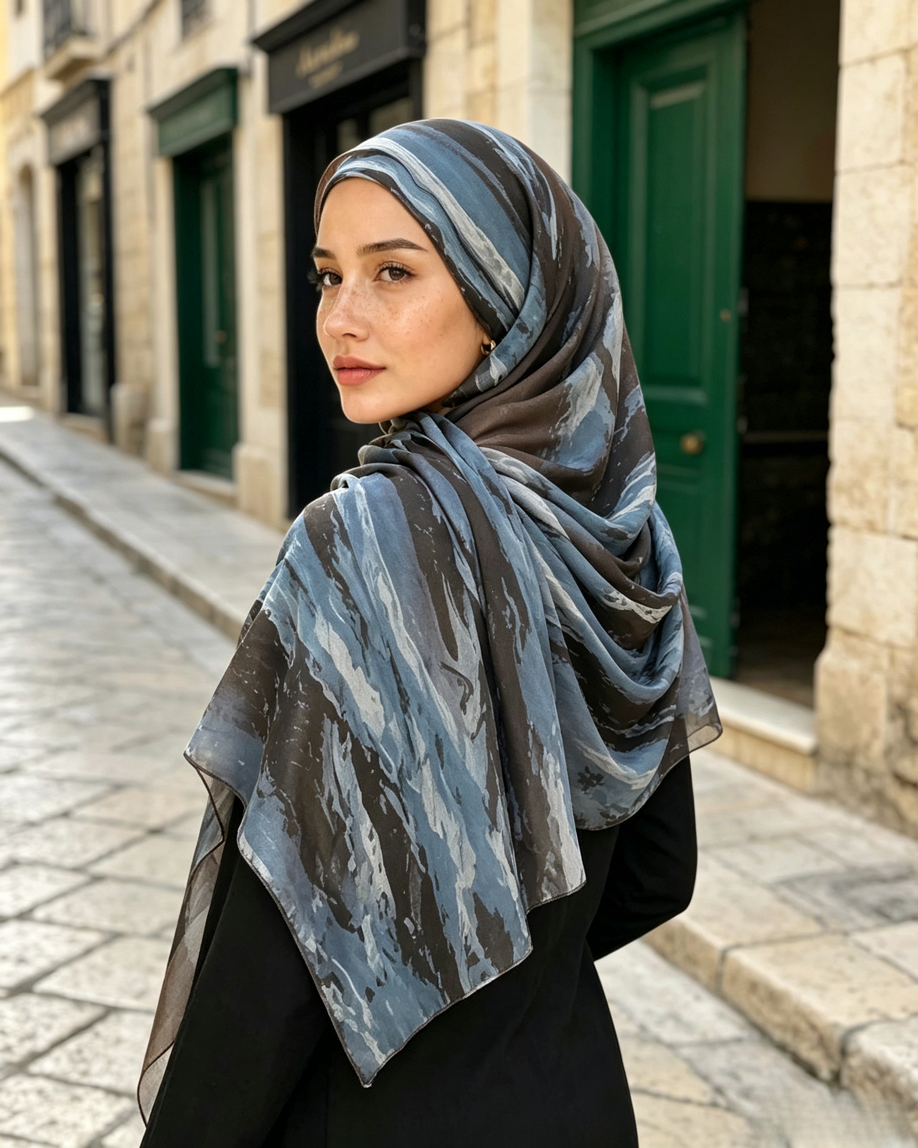 Stormy Blue Grey Marble Watercolor Hijab Shawl 80x180cm - Lunar Elegance