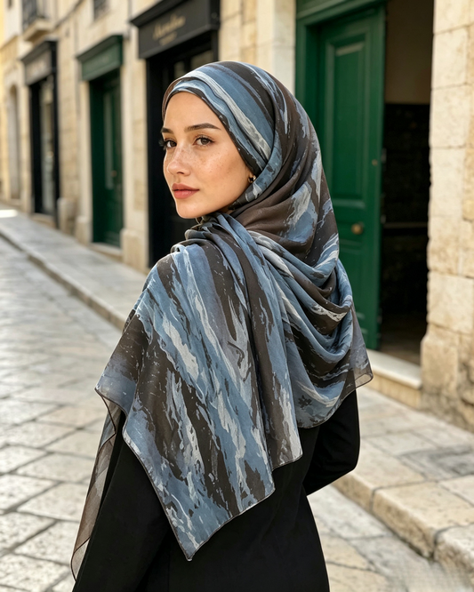 Stormy Blue Grey Marble Watercolor Hijab Shawl 80x180cm - Lunar Elegance