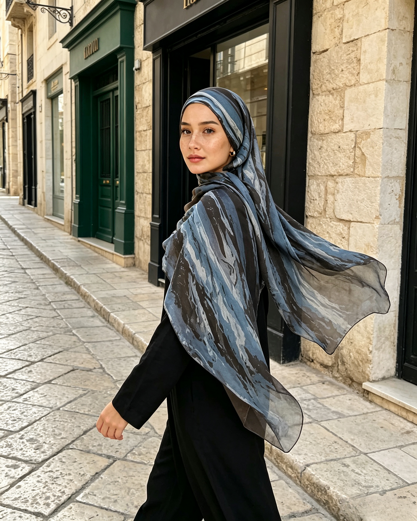 Stormy Blue Grey Marble Watercolor Hijab Shawl 80x180cm - Lunar Elegance