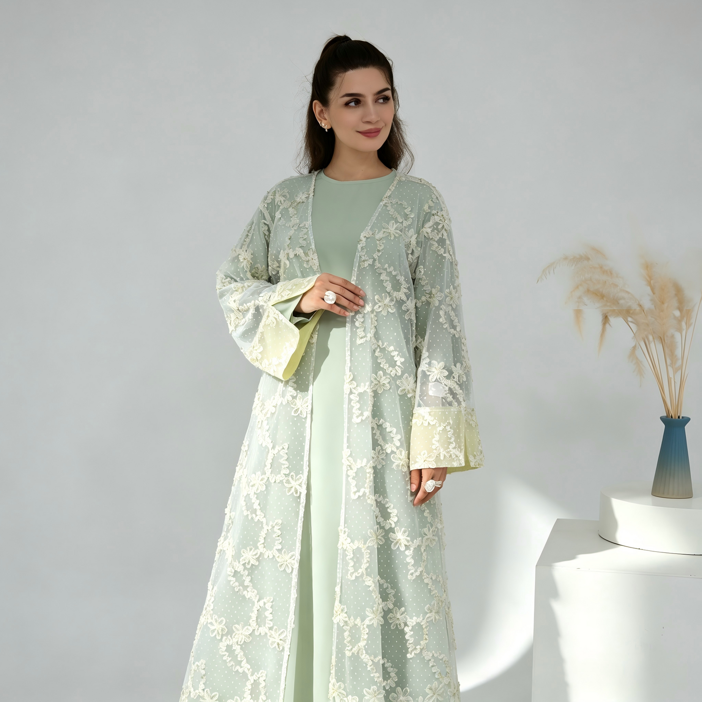 Elegant Mesh Cardigan Abaya and Hijab Set