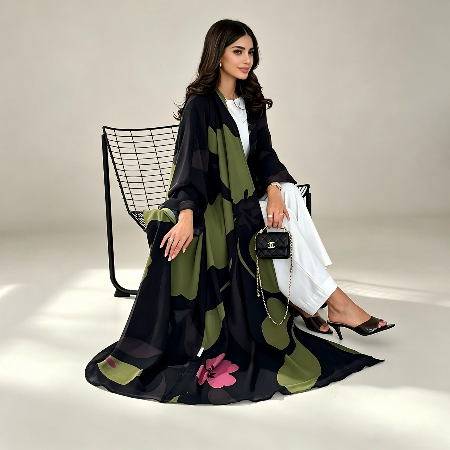 Green chiffon print maxi abaya dress front view with matching hijab