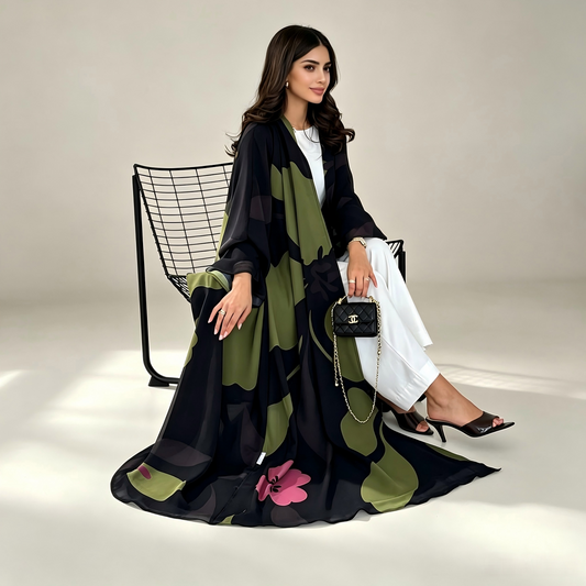 Green chiffon print maxi abaya dress front view with matching hijab
