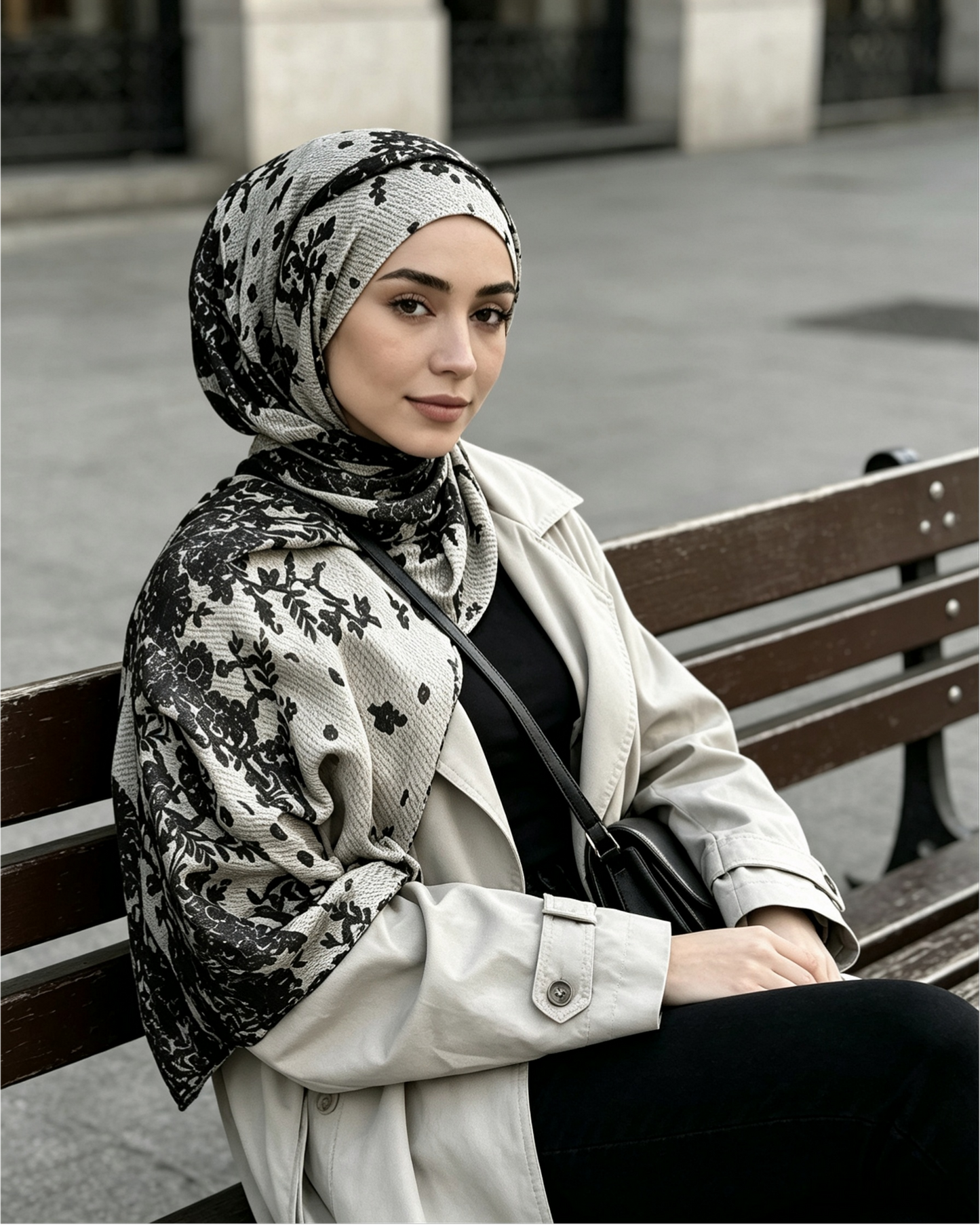 Woman sitting on a bench wearing a black floral hijab and modest trench coat