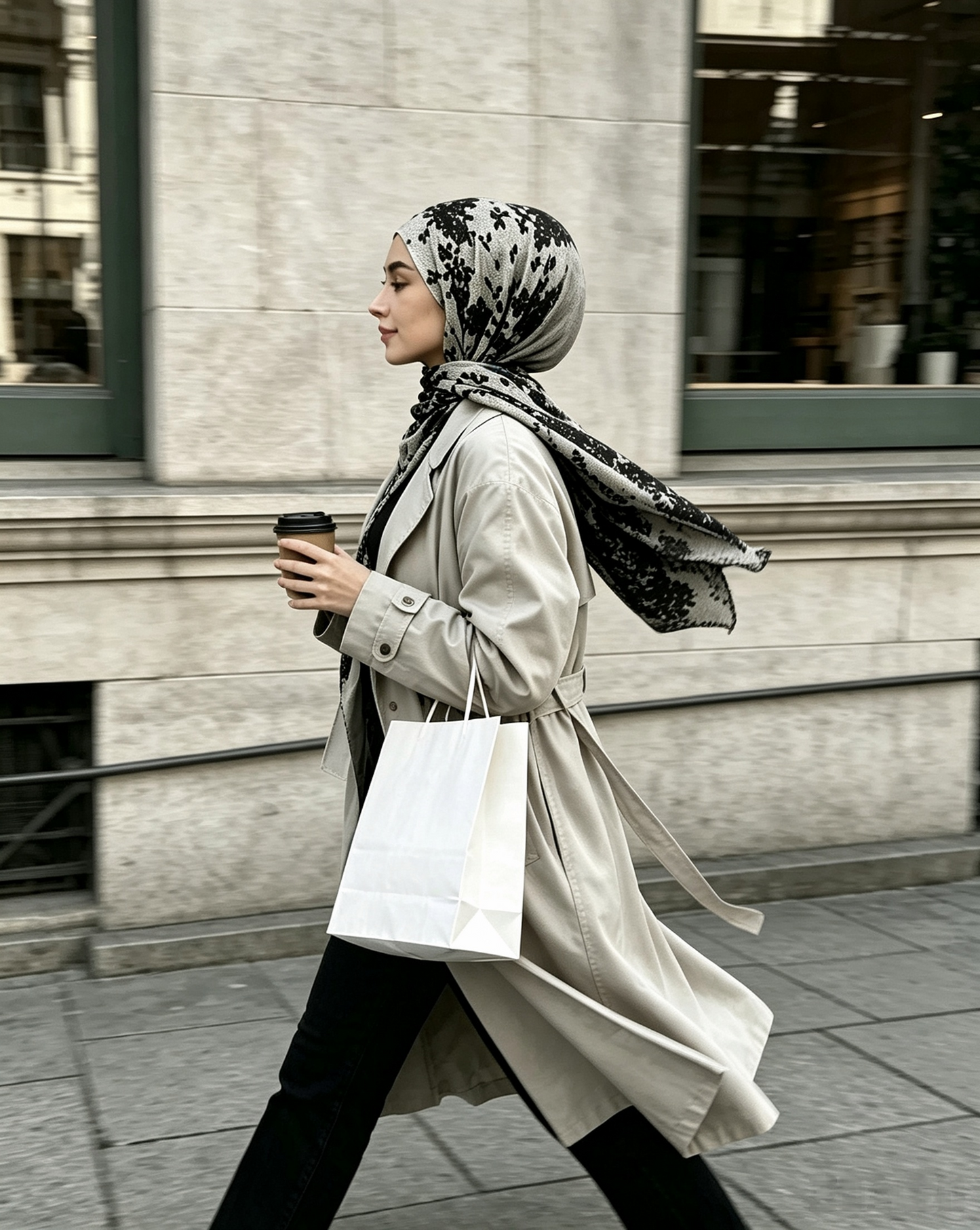 Side view of woman walking in a trench coat and black floral hijab