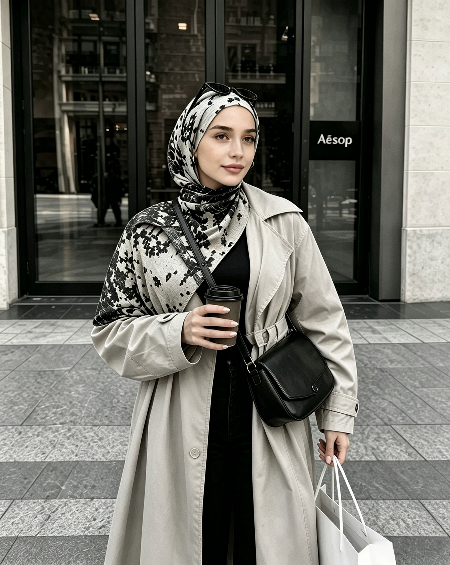 Woman wearing beige hijab with black floral print and a trench coat on a city street