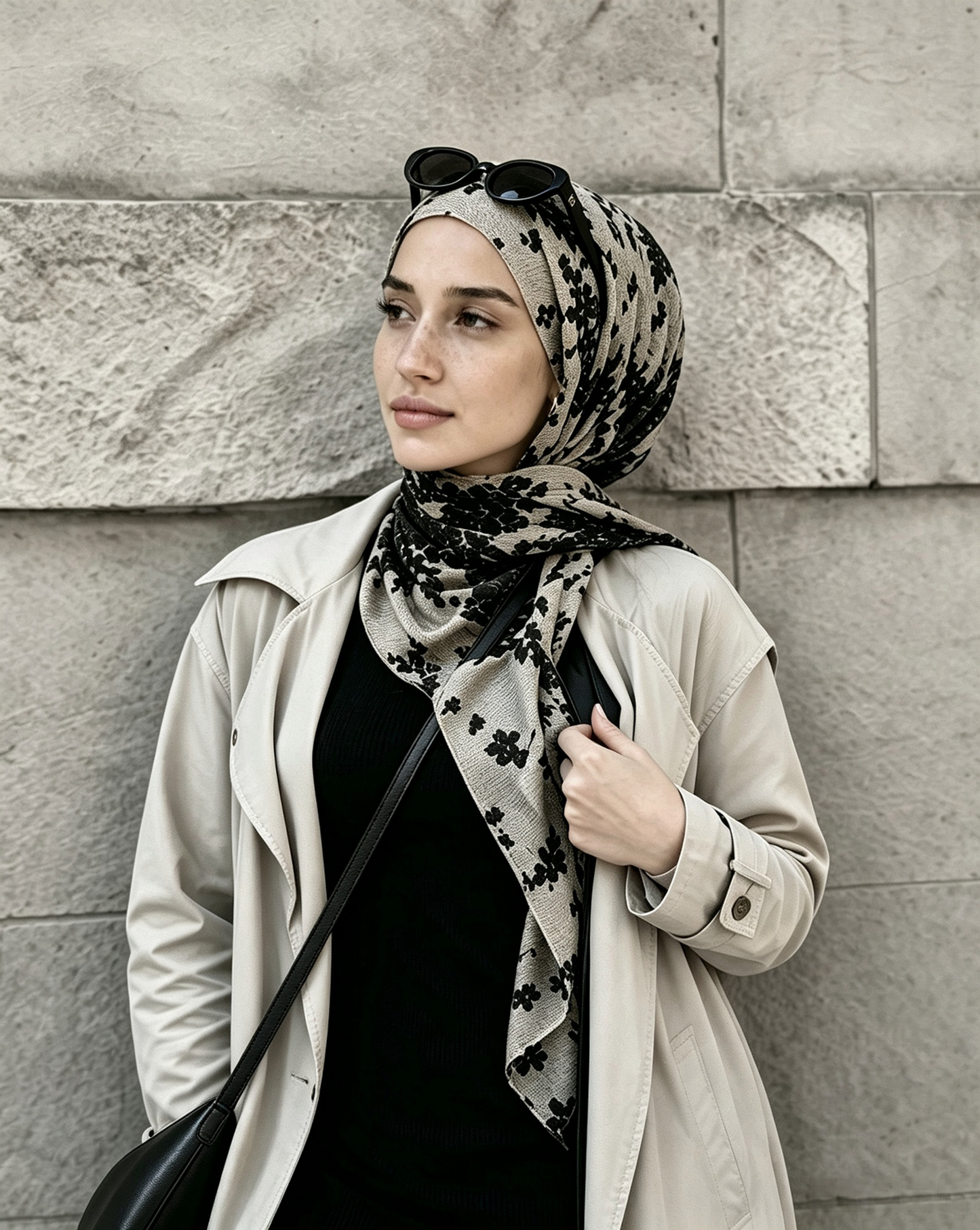 Woman standing by a stone wall in a beige hijab with black floral print
