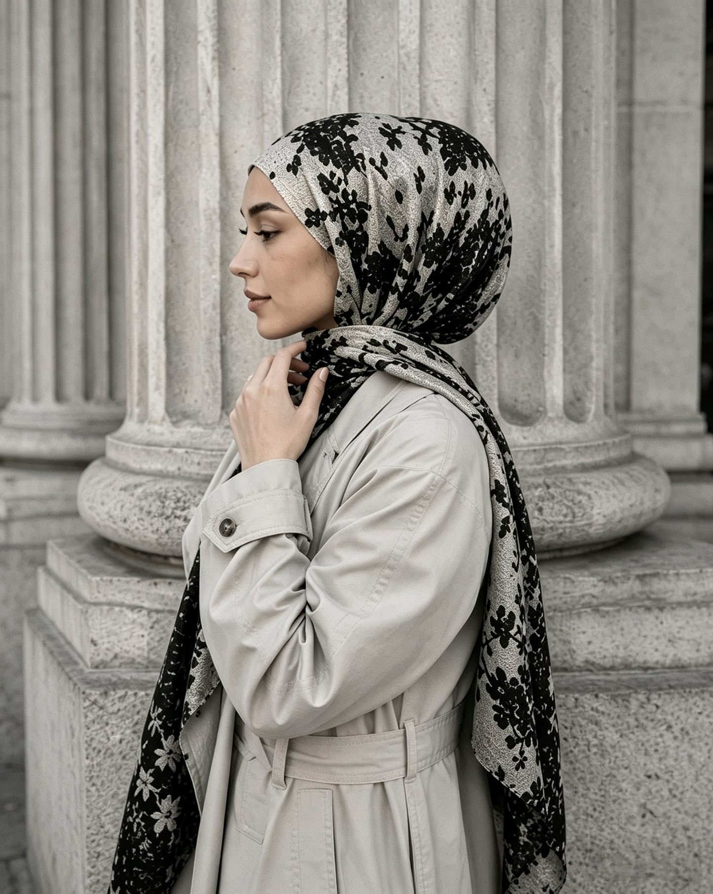 Side profile of woman in black floral hijab near classical columns