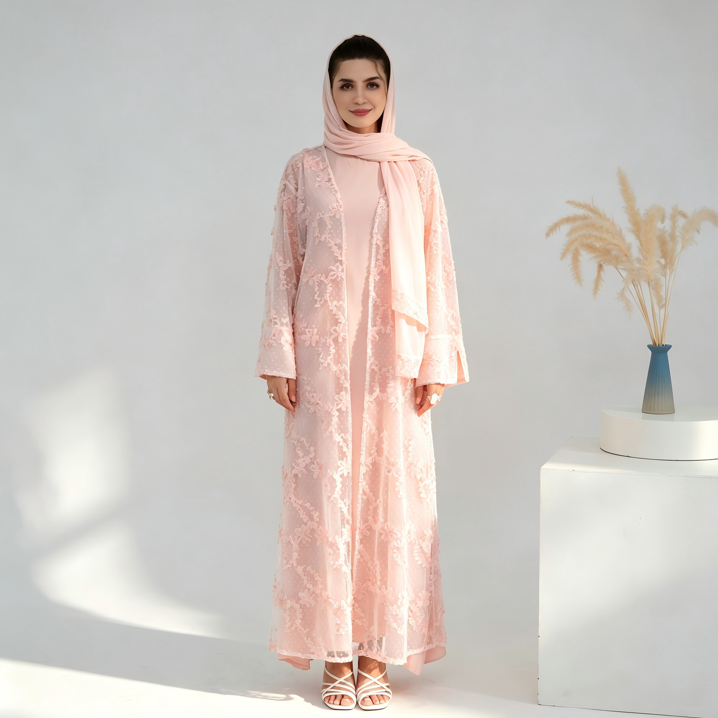 Elegant Mesh Cardigan Abaya and Hijab Set